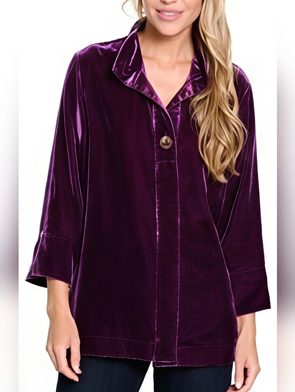 John Mark Plum Velvet Swing Blouse NWT Hidden Button 3/4 Sleeve Flowy Chic Sz M